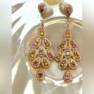 ETR4 3CT Natural Rainbow Tourmaline ART NOUVEAU PEACOCK TAIL Earrings 18KRG S925